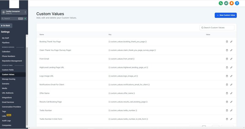 SMS Custom Values
