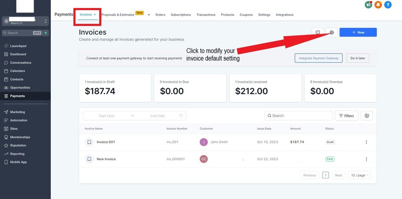Click Gear Icon for Invoicing