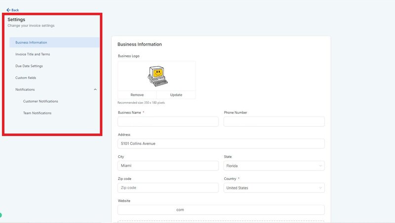 Setting Up Business Information for Invoicing