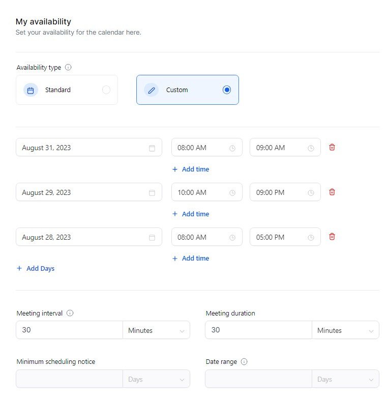 Calendar Customize Your Availability